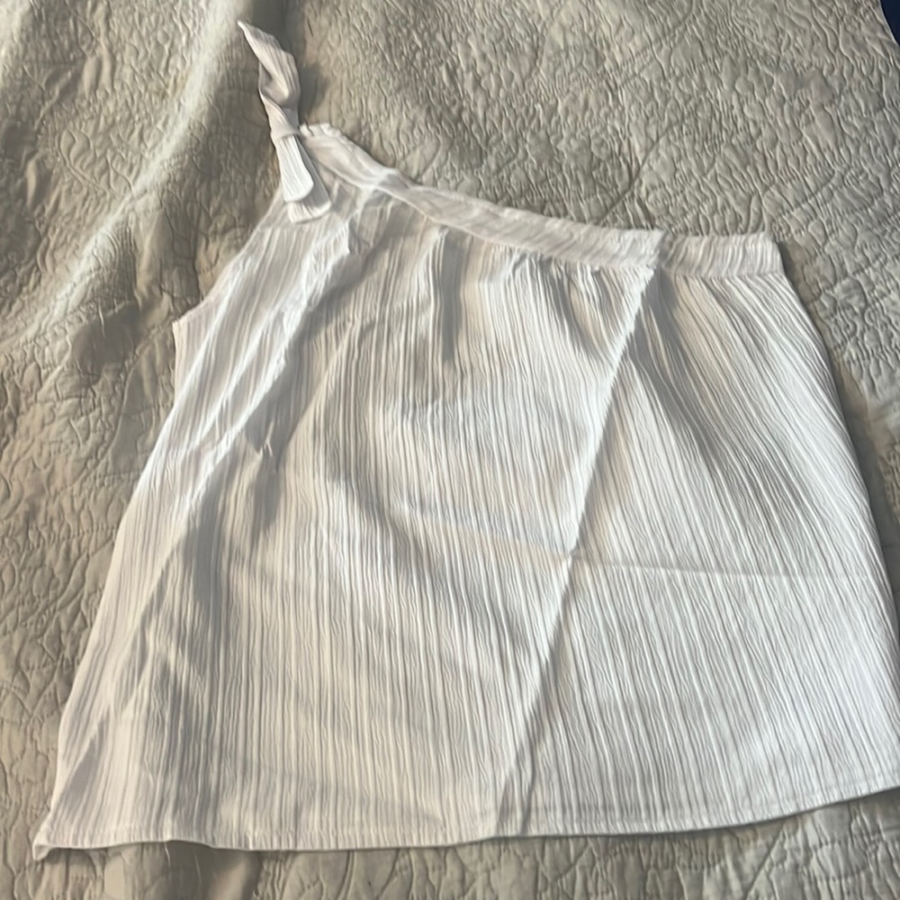 One shoulder, color on color ribbed blouse